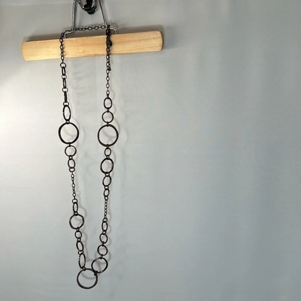 Lia Sophia Haute Long Bold Ring Link Chain Necklace Gunmetal Bronze Finish Boho